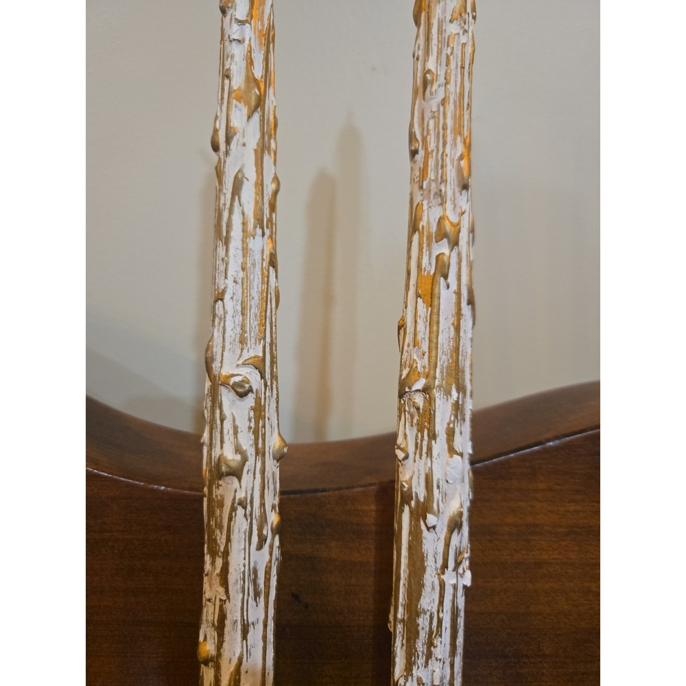 Pair VTG Mid Century 12" Faux Melting Wooden Taper Candles Gold/White Drippy - Picture 3 of 7